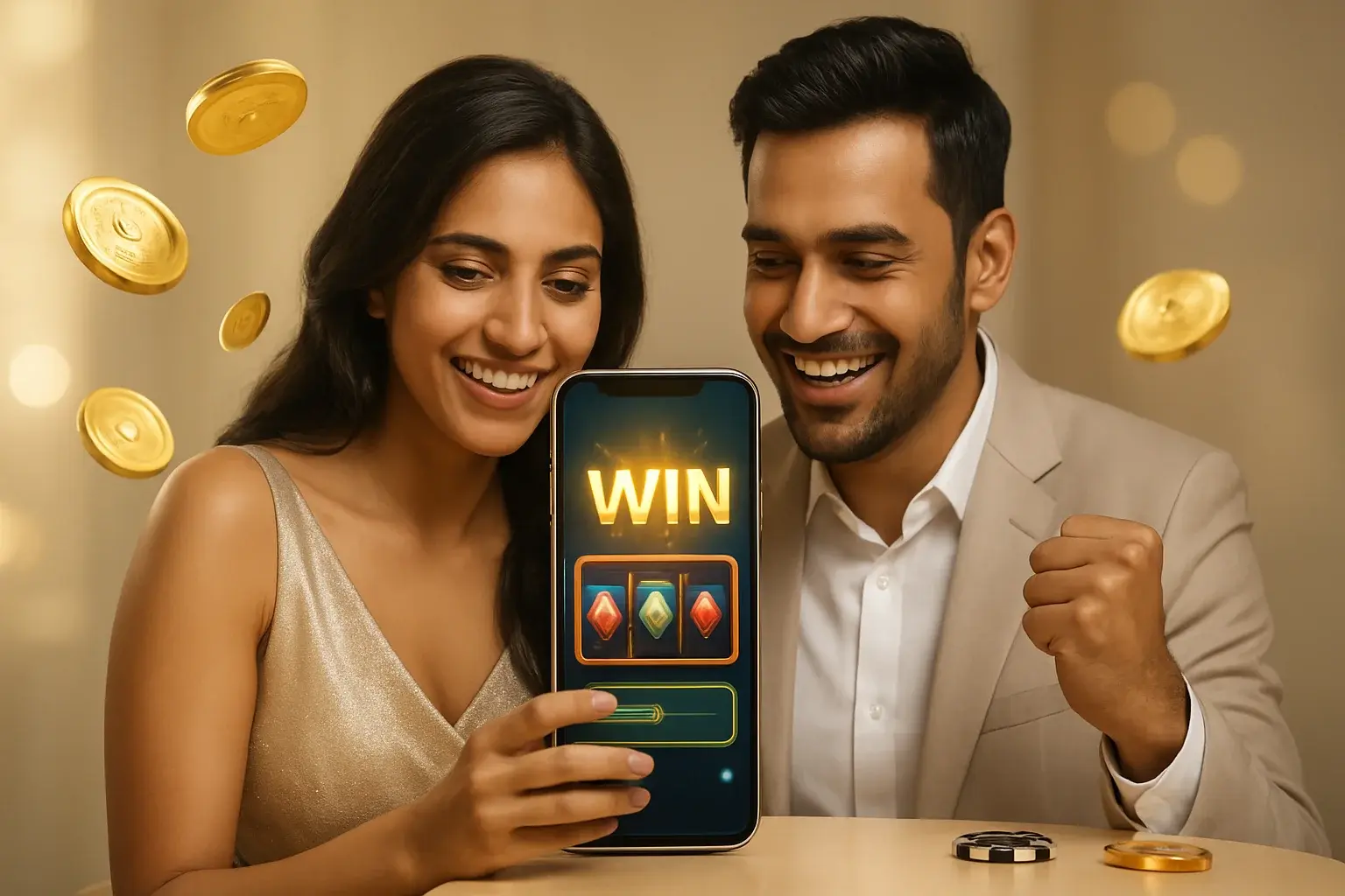 Ultra-realistic smartphone with casino app and celebrating couple