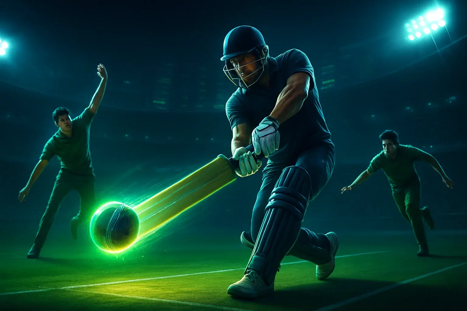 High-energy cricket betting scene with batsman hitting glowing ball and bowler delivering