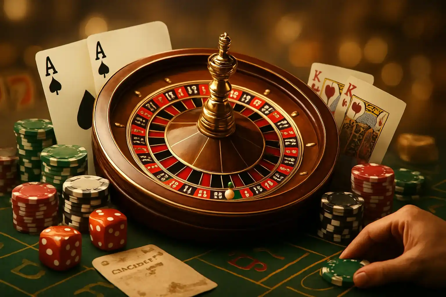 Hyper-realistic collage of luxury roulette, cards, chips, and dice with cinematic lighting
