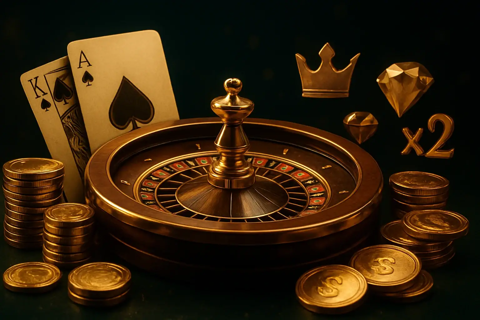 Hyper-realistic luxury gold casino games collage with roulette, cards, chips, and coins