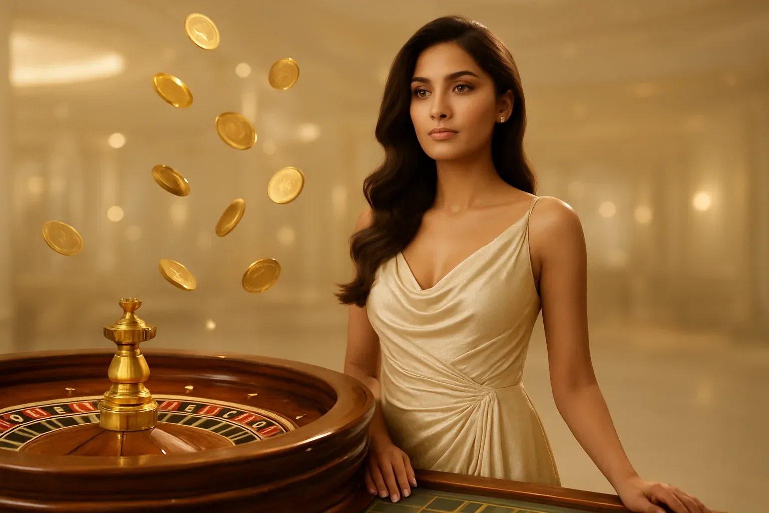 Beautiful Bangladeshi woman in elegant evening dress with luxury roulette and gold coins in bright casino setting