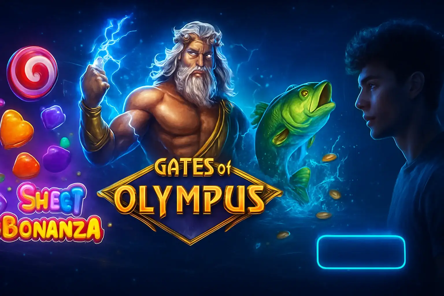 Ultra-high quality digital collage of Gates of Olympus, Sweet Bonanza, and Big Bass Bonanza slot games with glowing neon effects and cinematic lighting